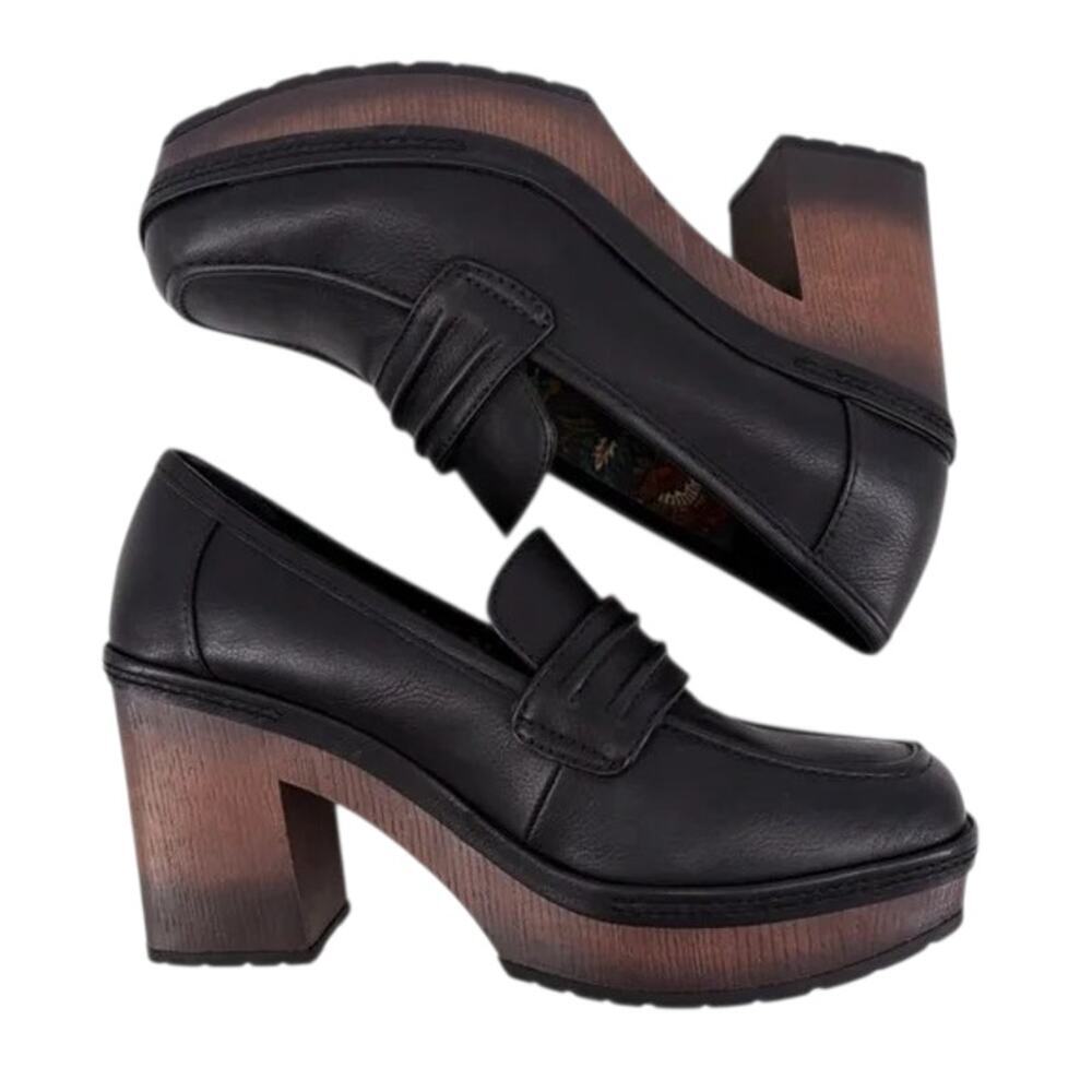 Korks Regina platform chunky wood clog penny loafers black leather sz 11 SH387